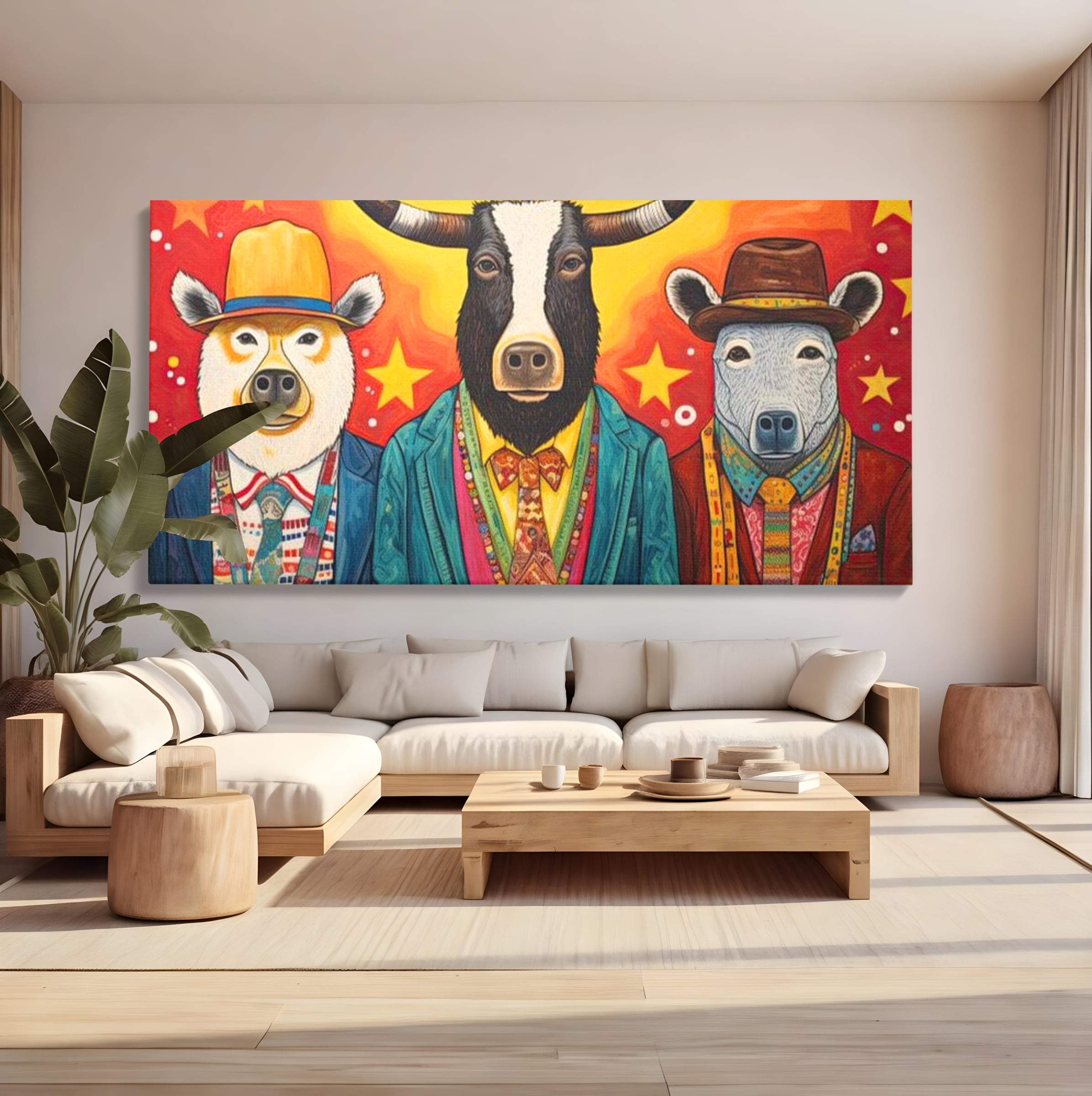 Tablou canvas cu tablou canvas cu trei animale antropomorfe stilizate, fara rama, pe sasiu de lemn, pe perete intr-un living